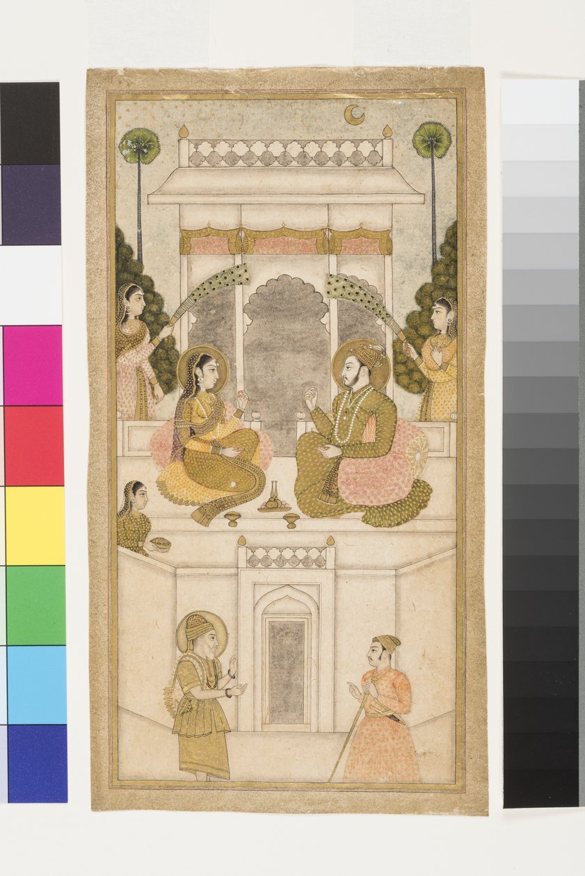 Sultanen av Golconda, Quli Qutb Shah, sittande med sin gemål, 1700-25 (ogenomskinlig wc & guld på papper) av Indian School