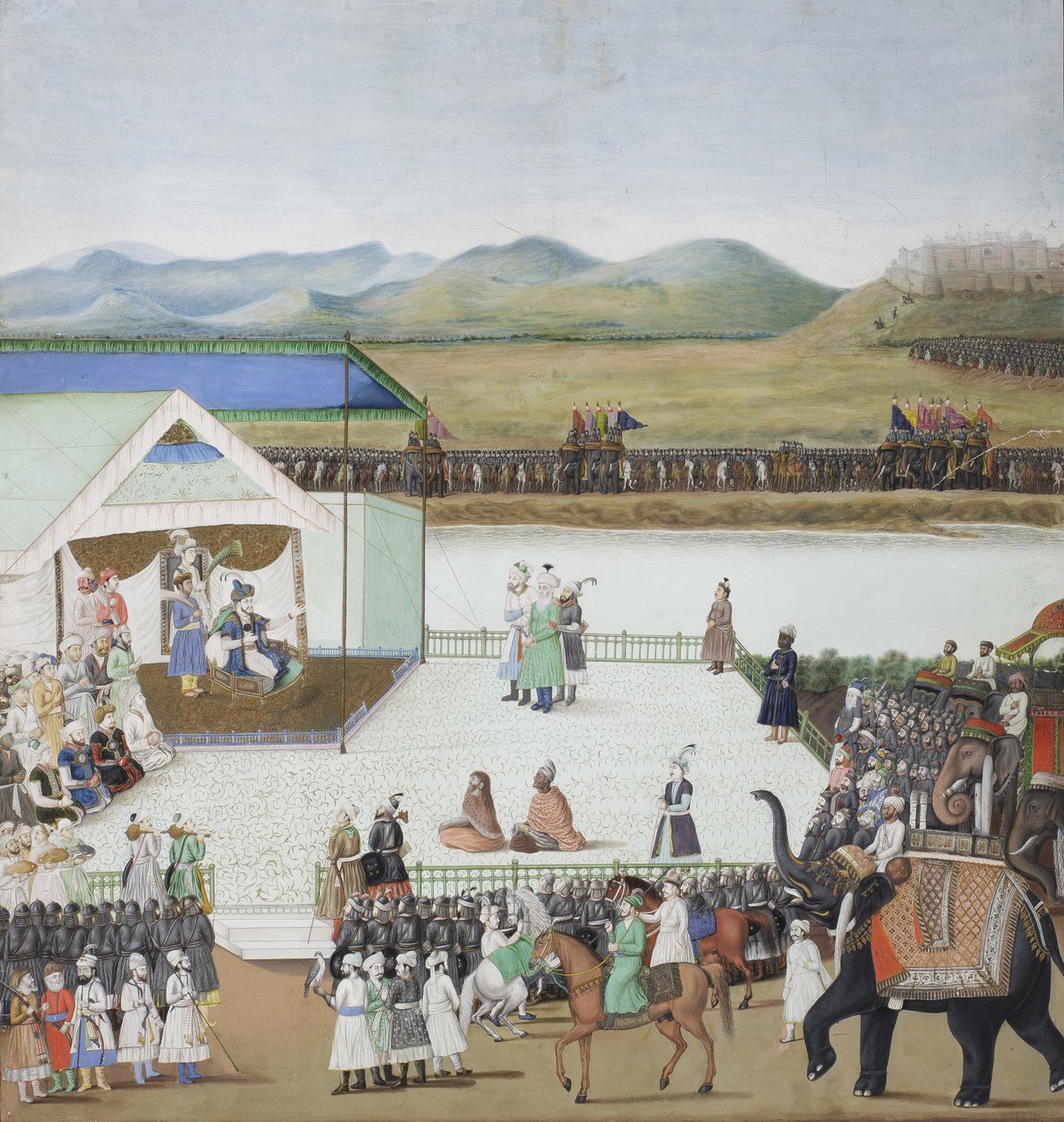 Den turkiske sultanen Bayazid fördes till fånga före Timur, ca 1850 (ogenomskinlig wc & guld på papper) av Indian School