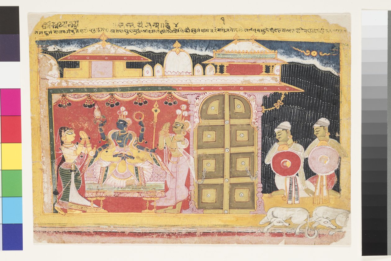 Dyrkandet av Vishnu vid Krishnas födelse, före 1560 (ogenomskinlig wc på papper) av Indian School