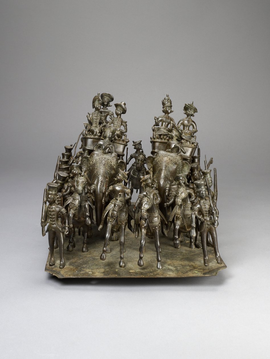 Kavalkaden för kungen av Oudh som rider med den brittiske invånaren på elefanter, ca 1820 (brons) av Indian School