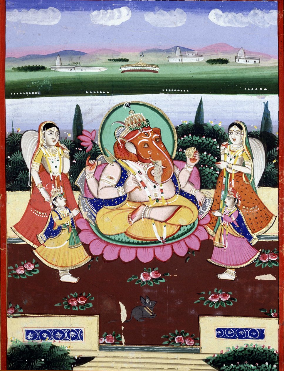 Gudomen Ganesha (Ganesh eller Ganapati), dotter till Shiva och Parvati. Indisk populärt tryck från 1800-talet. av Indian School