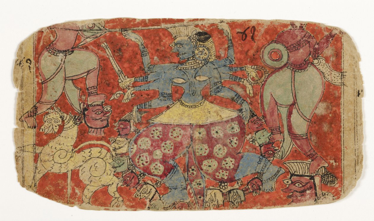 Gudinnan Kali slåss mot demoner, från Durga som attackerar demonerna Shambha och Nishumbha (ogenomskinlig wc på papper) av Indian School