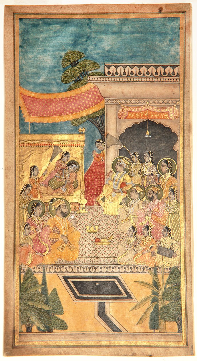 Tana Shahs äktenskap i Jalwa-ceremonin, 1679 (ogenomskinlig wc & guld på papper) av Indian School