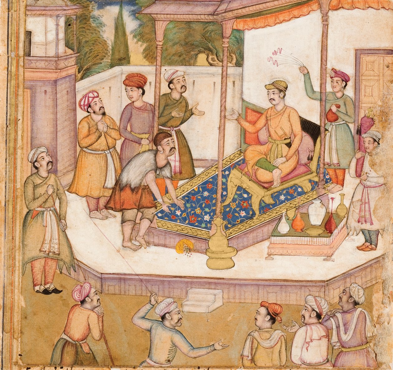 Rajan vars gäst bad honom om 500 dinarer dagligen, ca 1585 (ogenomskinlig wc & guld på papper) av Indian School