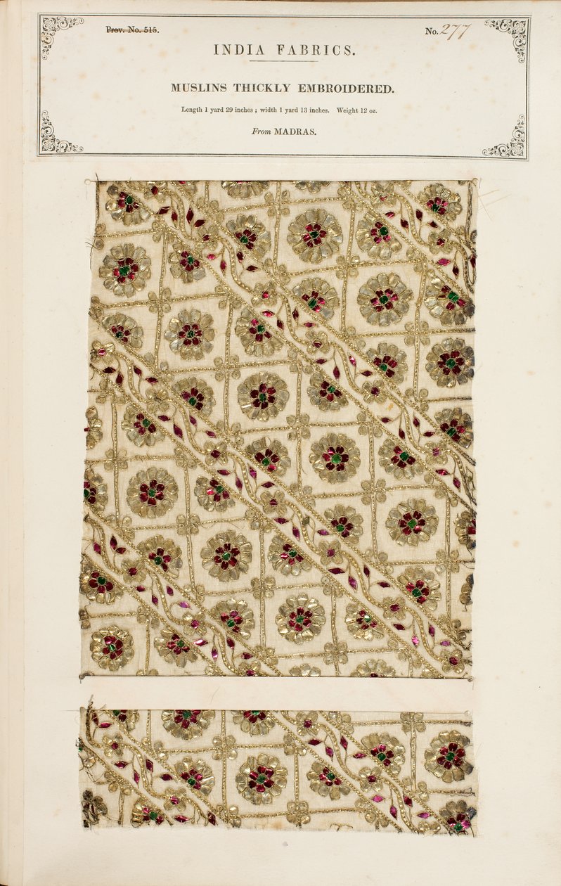 Tjockt broderat muslinprov från Madras, från The Collection of the Textile Manufacturers of India, av John Forbes Watson, publicerad 1866 av Indian School