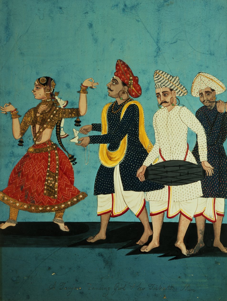 Tre musiker och en dansande tjej, Tanjore, Tamil Nadu, ca 1850 av Indian School