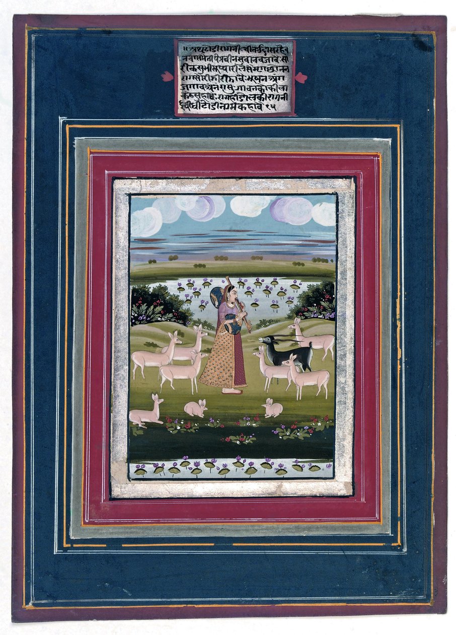 Todi ragini - En dam som spelar en vina i ett landskap med djur, 1810-20 av Indian School