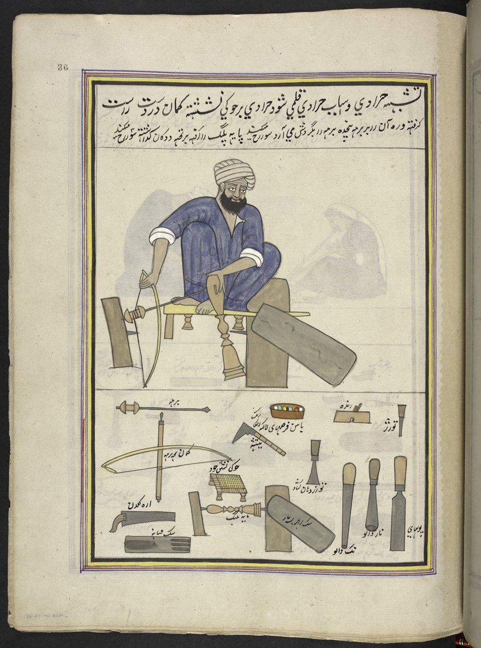 Svarvare,  86 teckningar inbundna i en volym som visar yrken och yrken i Kashmir, hantverkare visas i arbete med sina redskap och utrustning,  Av en Kashmir-konstnär, troligen i Srinagar, ca 1850-60 (gouache på papper) av Indian School