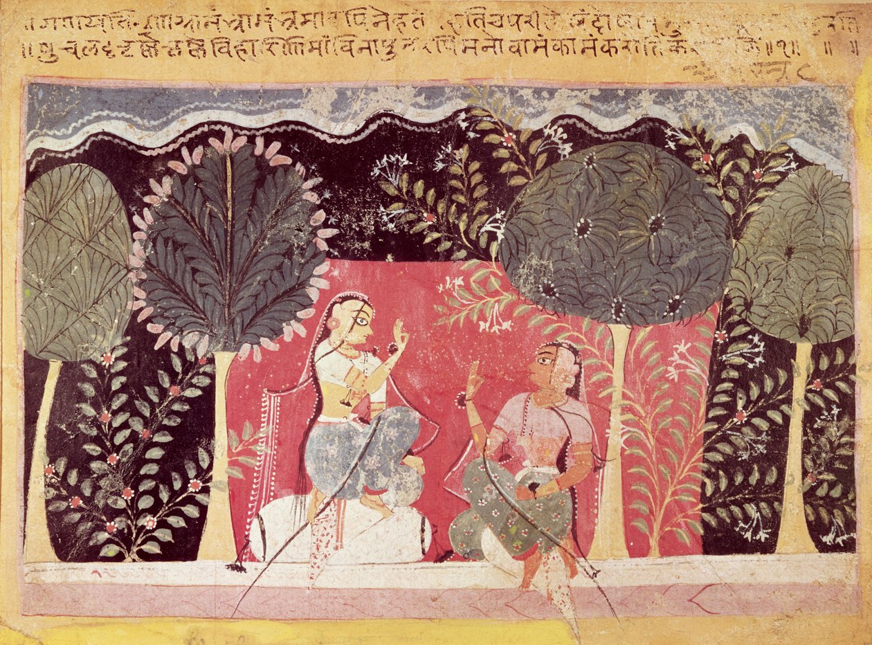 Två prinsar i en trädgård, från Gita Govinda av Indian School