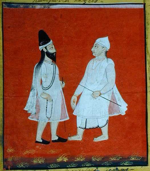 Two Wandering Muslim Faqirs (jangam) Religious Mendicants, Udaipur, c.1810-20 (gouache på papper) (detalj) (se även 136600) av Indian School