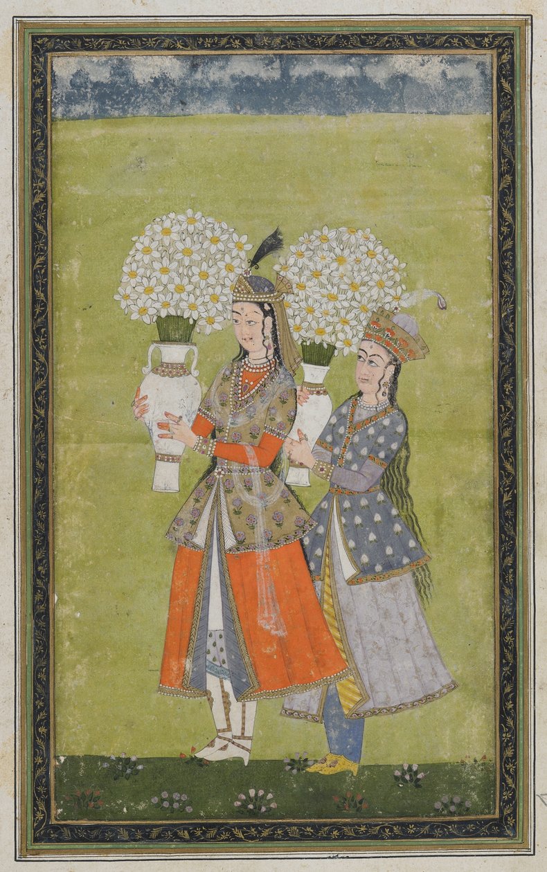 Två damer bär blommor, fristående albumfolio med målning, 1800-tal av Indian School