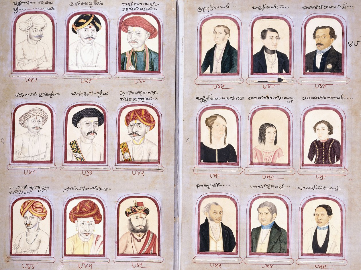 Två blad från ett album med inhemska och europeiska porträtt, ca 1830-1850 av Indian School