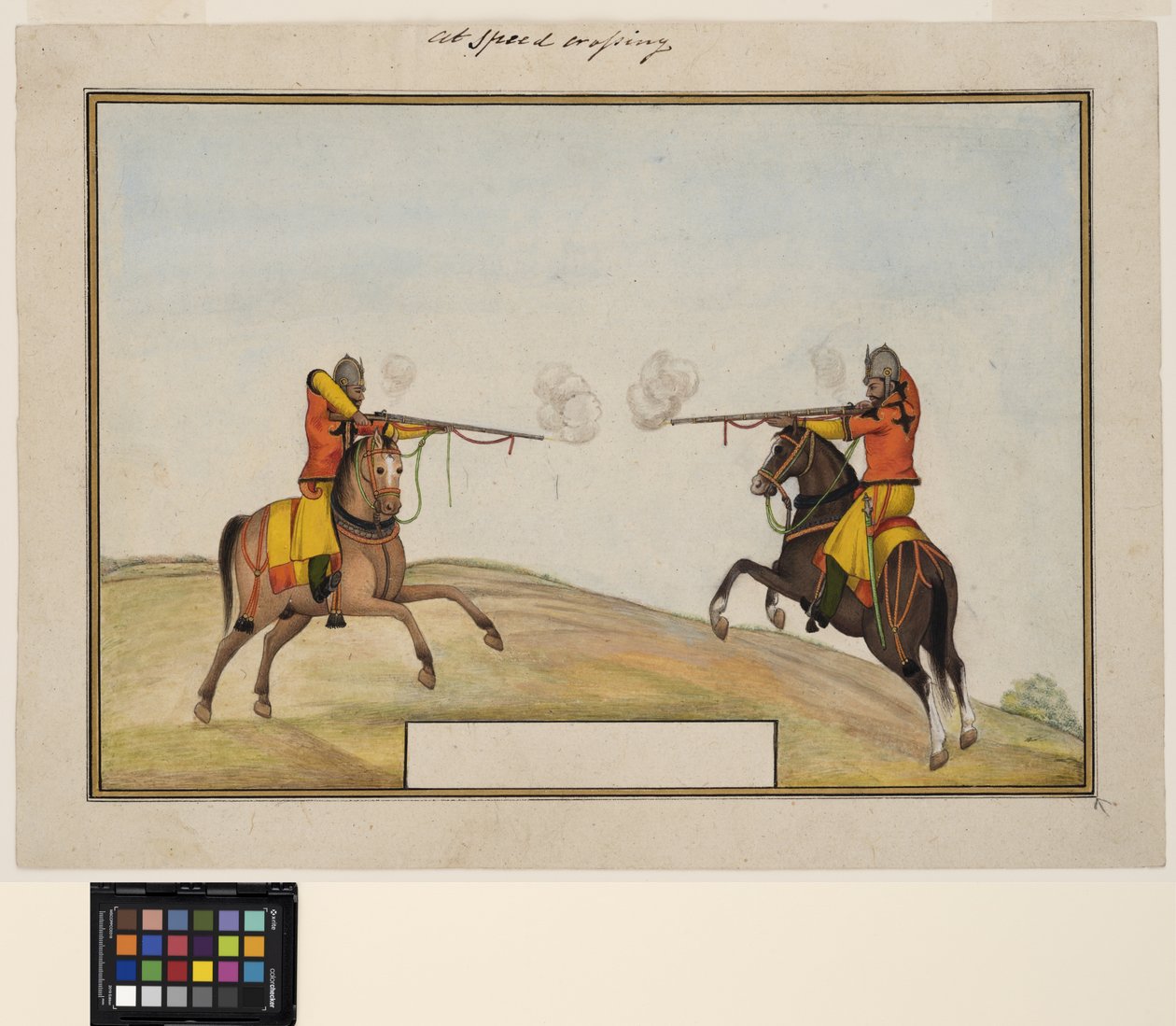 Två beridna soldater utbyter geväreld, ca 1830 (ogenomskinlig akvarell och guld på papper) av Indian School