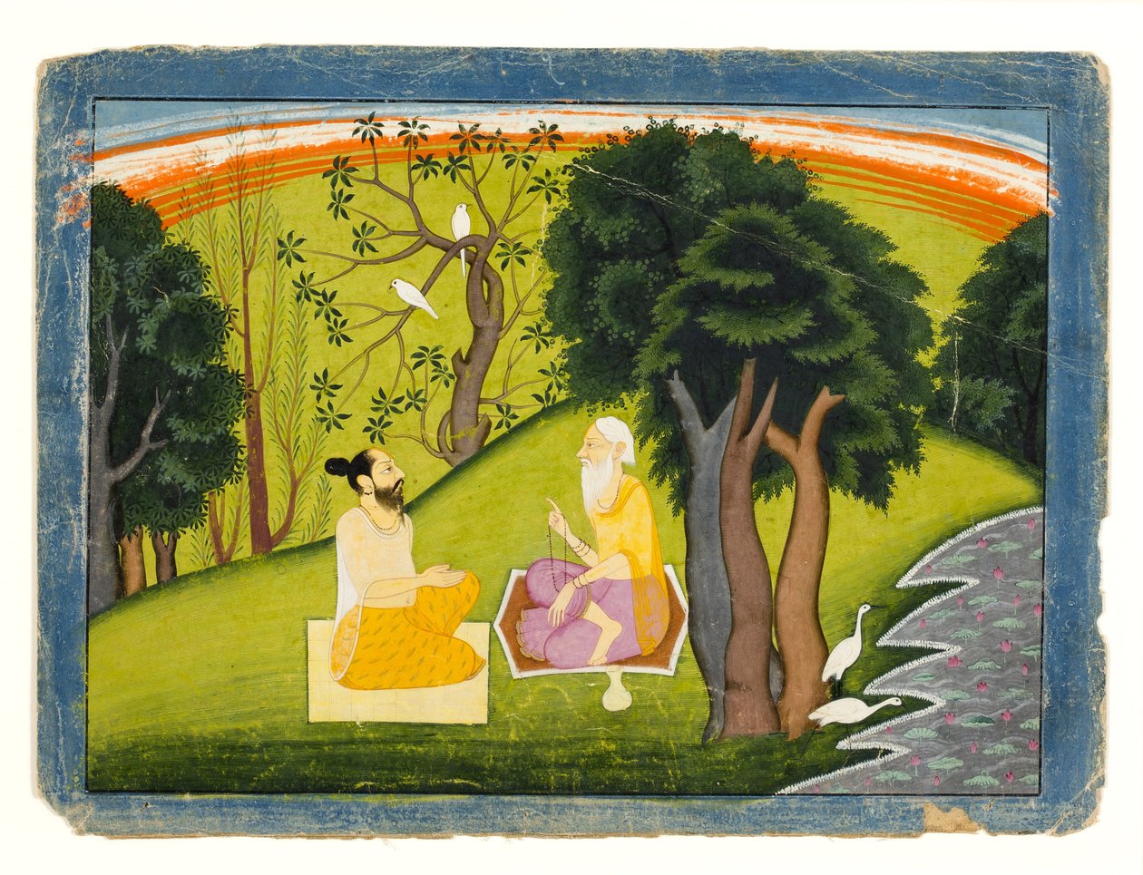 Två vismän i diskussion i ett landskap, ca 1785 (ogenomskinlig wc & guld på papper) av Indian School