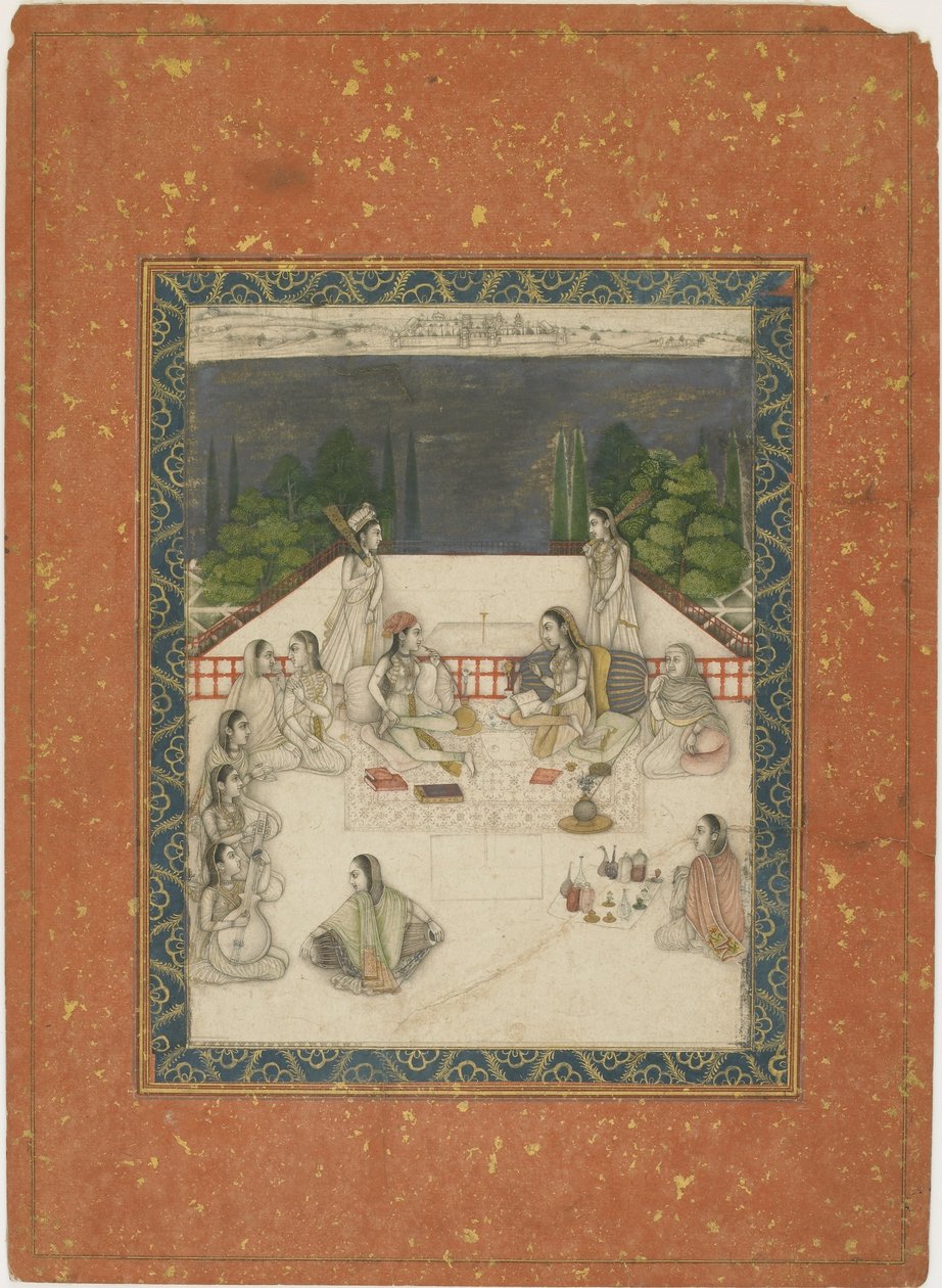 Två kvinnor sittande på en terrass, omgivna av skötare och musiker, ca 1650 (ogenomskinlig wc & guld på papper) av Indian School