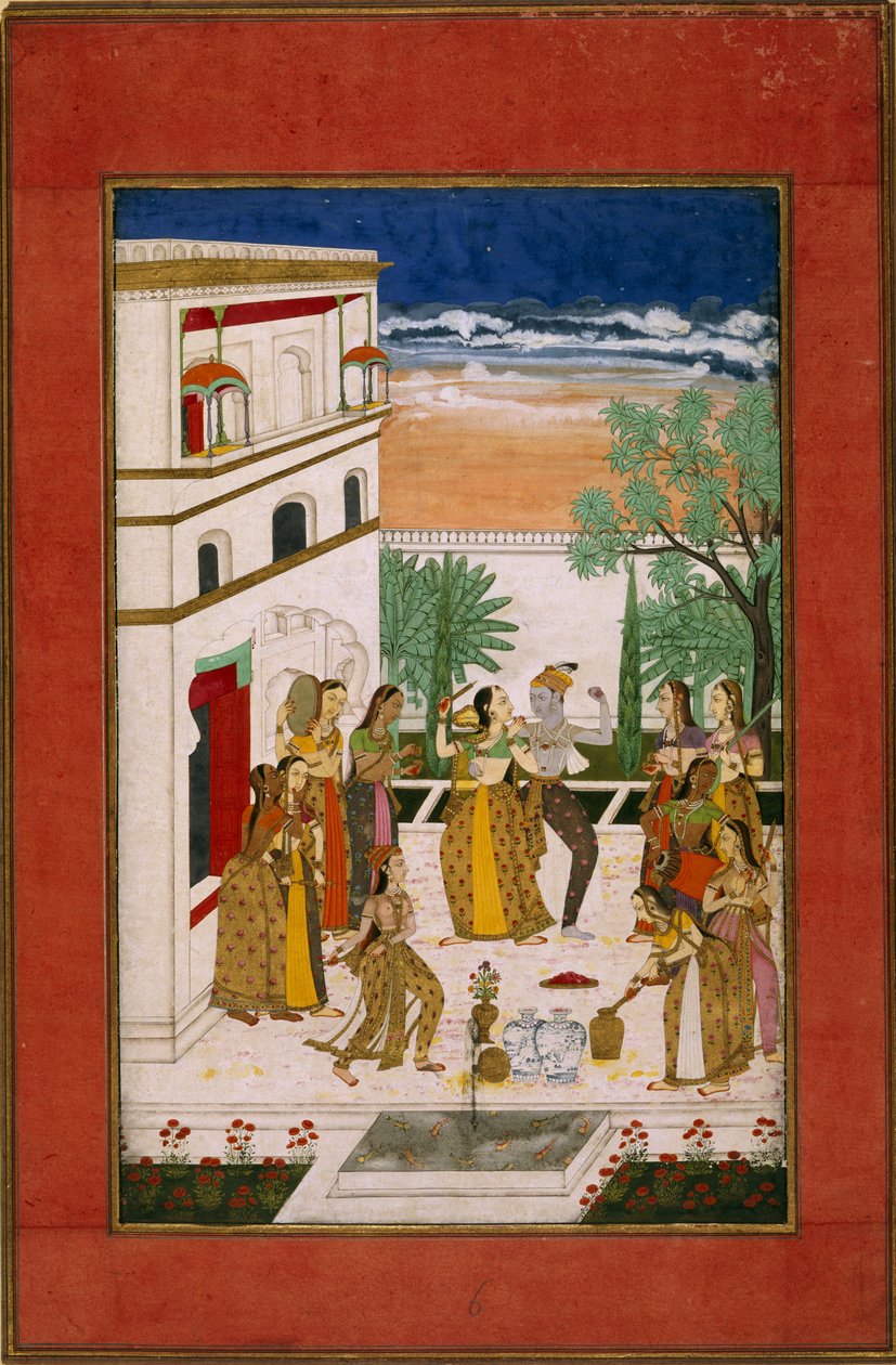 Vasanta Ragini, Radha & Krishna dansar, ca 1760 (akvarell på papper) av Indian School