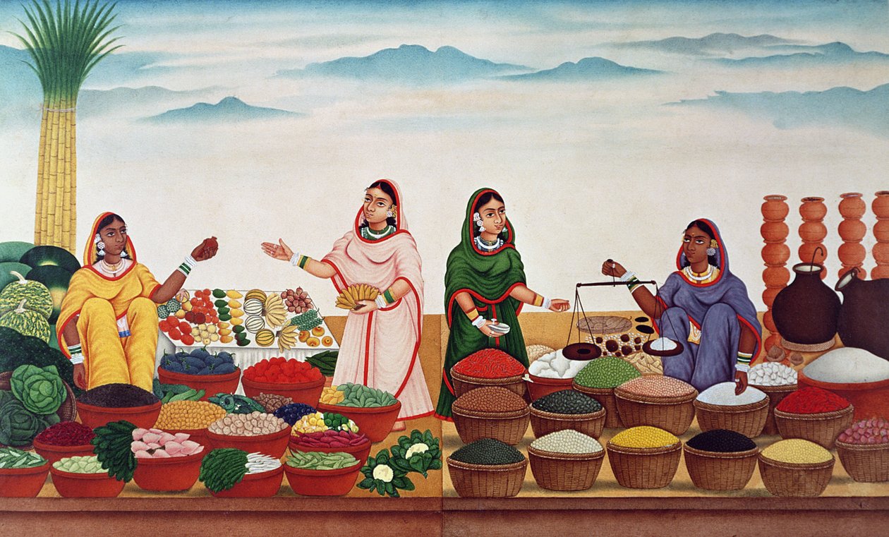 Grönsaks- och kryddmarknad i Benares, ca 1840 av Indian School