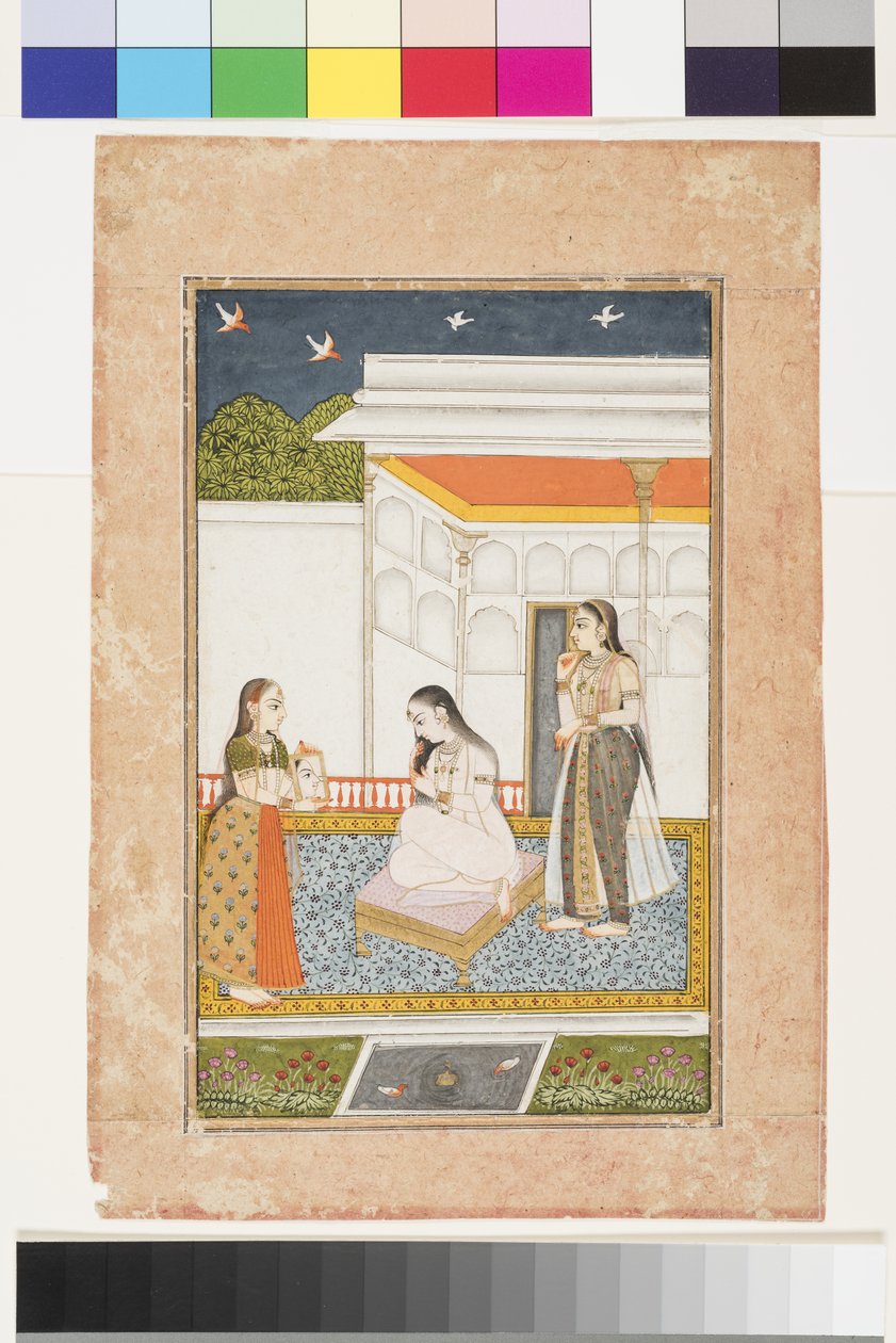 Vilaval Ragini av Hindol, ca 1745 (ogenomskinlig akvarell och guld på papper, monterad på en albumsida) av Indian School