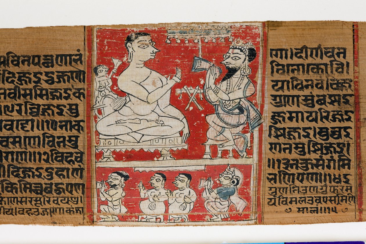 Vimalaprava samtalar med Raji och Lakshmi, ca 1300 (ogenomskinlig wc på palmblad) av Indian School