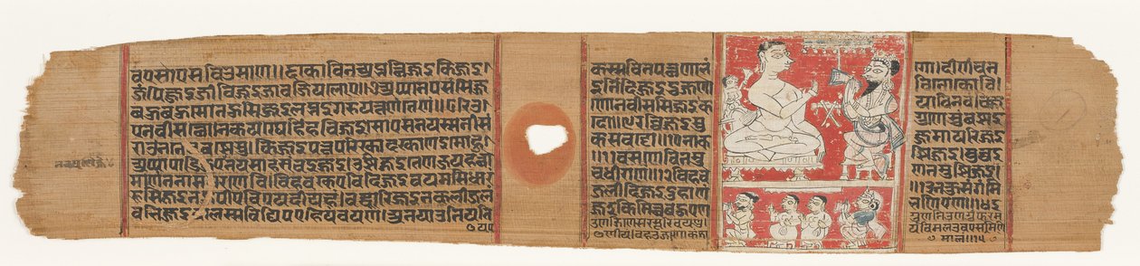 Vimalaprava samtalar med Raji och Lakshmi, ca 1300 (ogenomskinlig wc på palmblad) av Indian School