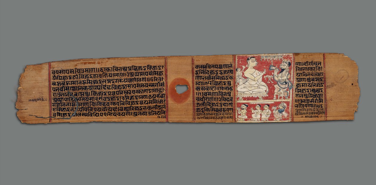 Vimalaprava samtalar med Raji och Lakshmi, ca 1300 (ogenomskinlig wc på palmblad) av Indian School