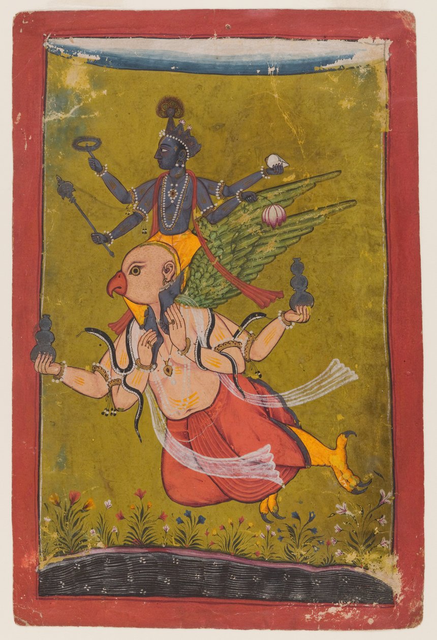Vishnu på Garuda, ca 1725 eller tidigare (wc, silver & guld på papper) av Indian School