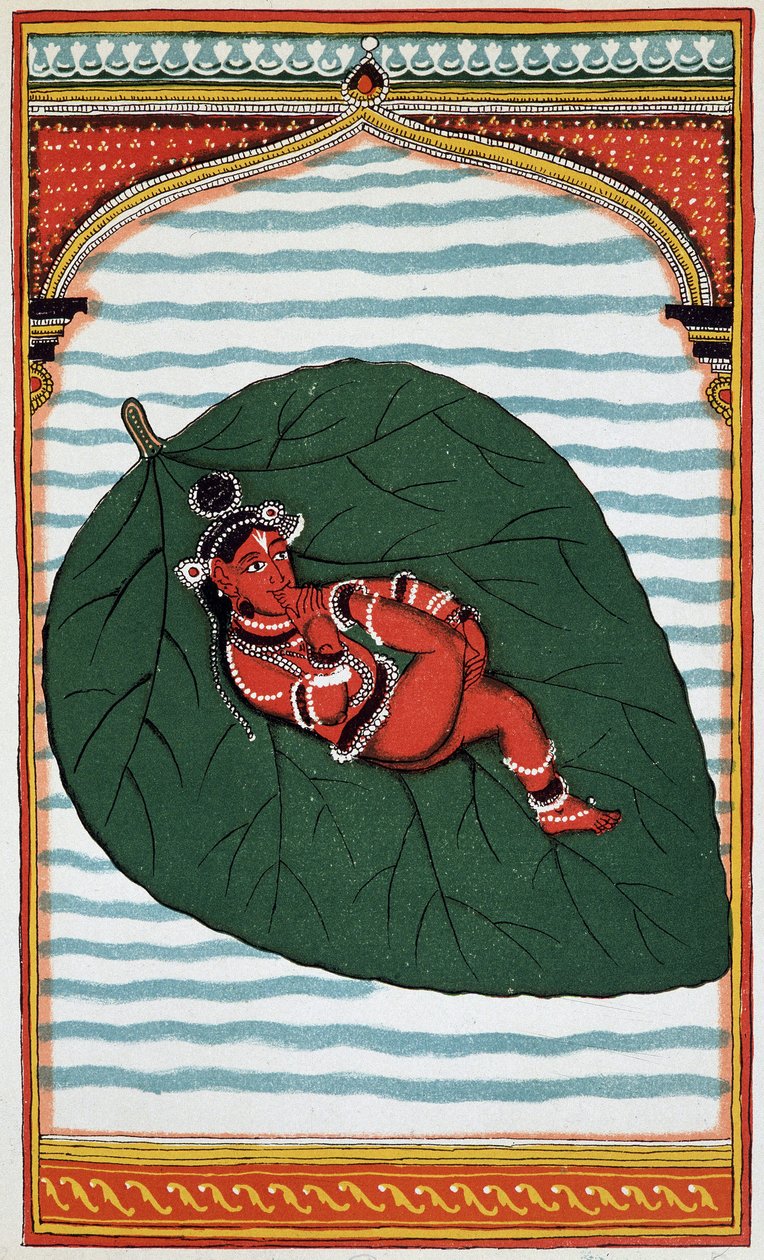 Vishnu eller Narayan: Brahmantriadens andra stora gudom, hans födelse - litho från 1700-talet. av Indian School