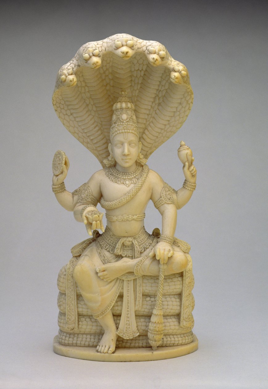 Vishnu, sittande på ormen Sesha, med ett skal, musblomma, skiva och lotusblomma av Indian School