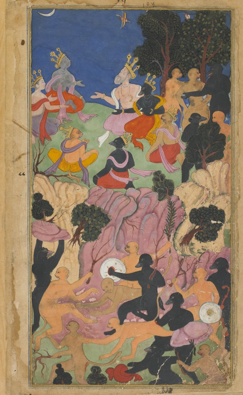 Vol.2 fol.194 Rama konfererar med Vanara-hövdingarna på Suvelaberget (ogenomskinlig akvarell, bläck och guld på papper) av Indian School