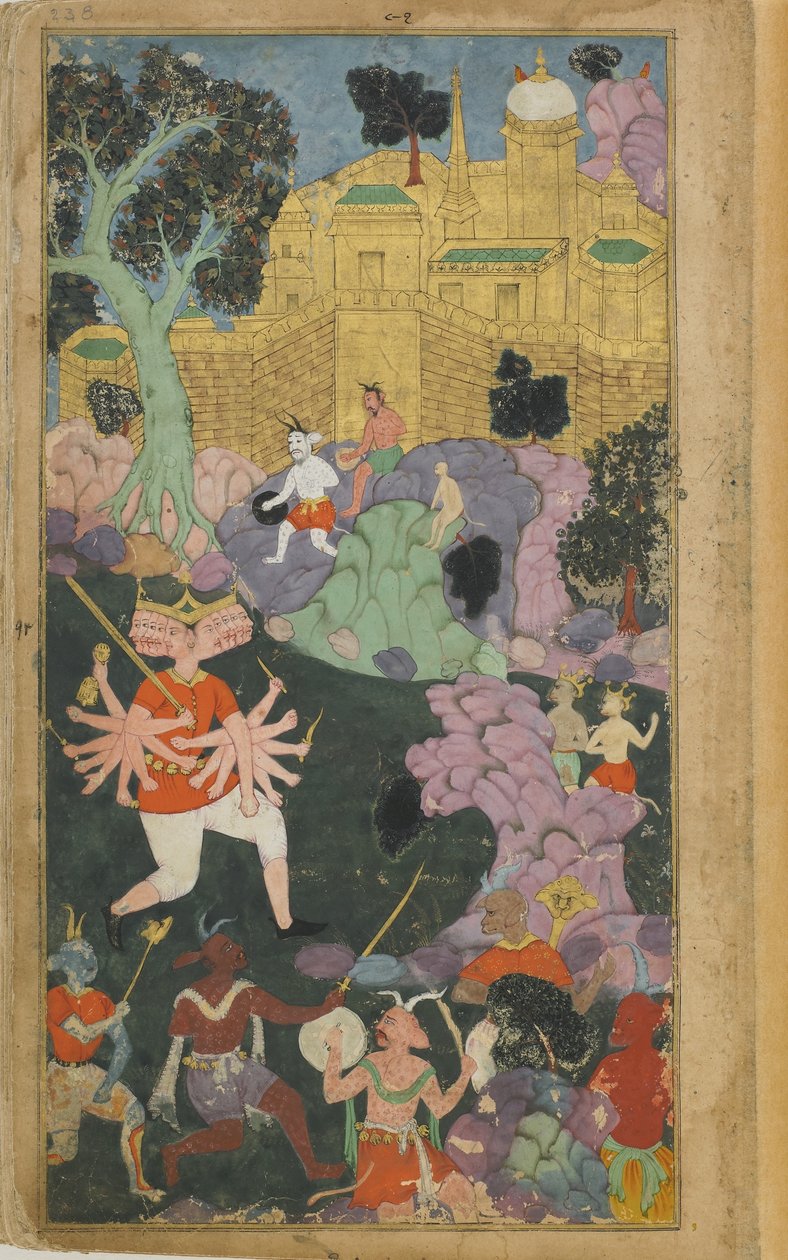Vol.2 fol.238 Ravana och hans styrkor tar upp position framför staden (ogenomskinlig akvarell, bläck och guld på papper) av Indian School