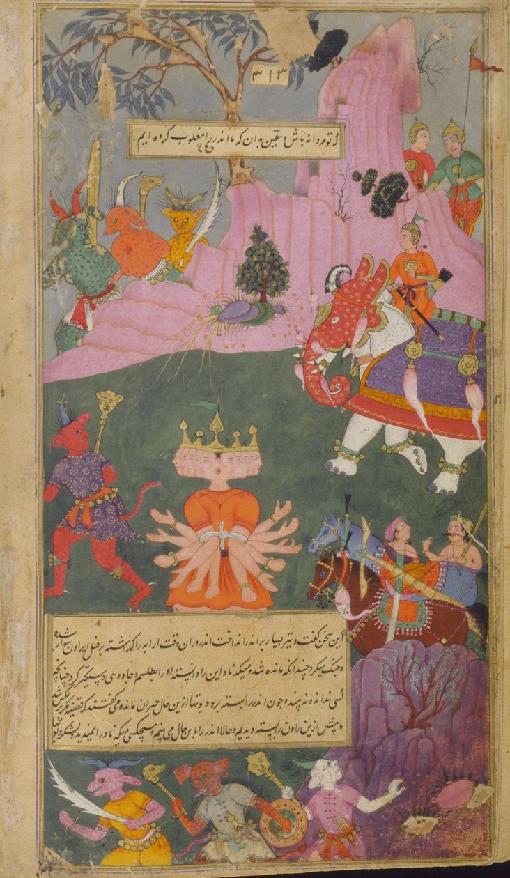 Vol.2 fol.310 raksasa-armén flyr vid åsynen av Ravana som tagits till fånga av Indra (ogenomskinlig akvarell, bläck och guld på papper) av Indian School