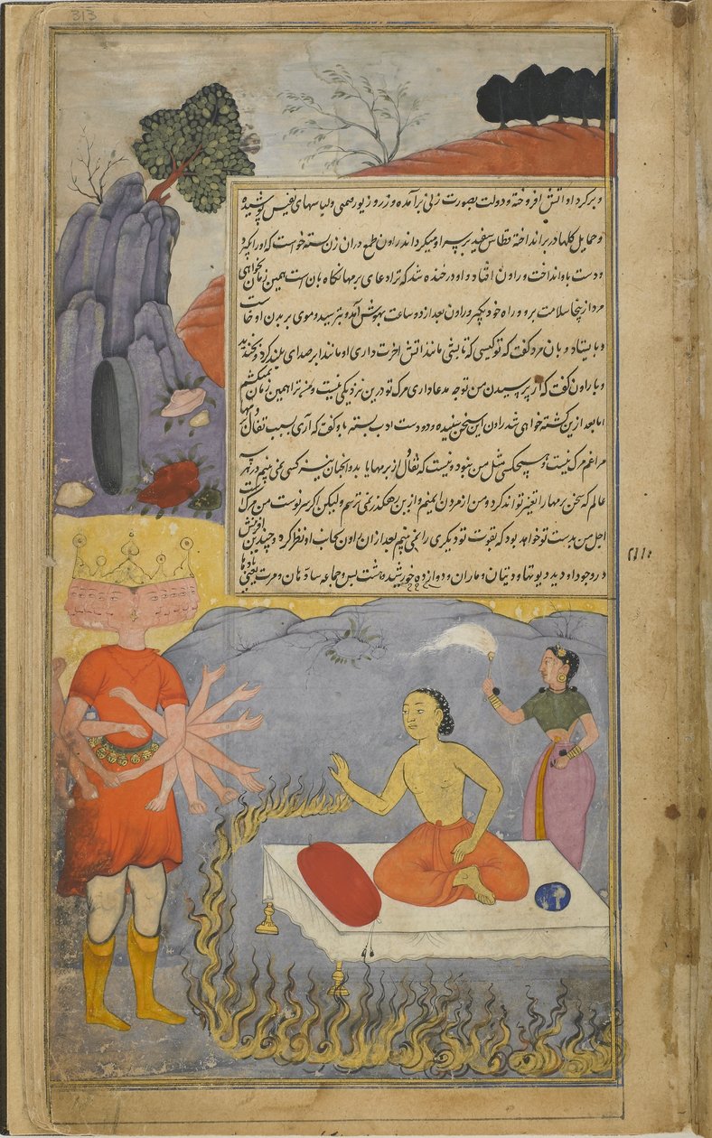 Vol.2 fol.313 Ravana samtalar med Mahajambunada, som är omgiven av en ring av eld och med Lakshmi (ogenomskinlig akvarell, bläck och guld på papper) av Indian School
