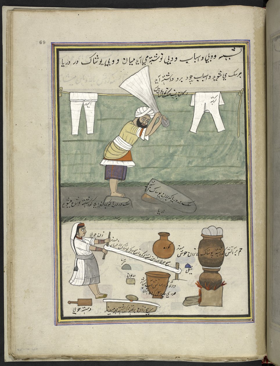 tvättare och tvättare,  86 teckningar inbundna i en volym som visar yrken och yrken i Kashmir, hantverkare visas i arbete med sina redskap och utrustning,  Av en Kashmir-konstnär, troligen i Srinagar, ca 1850-60 (gouache på papper) av Indian School
