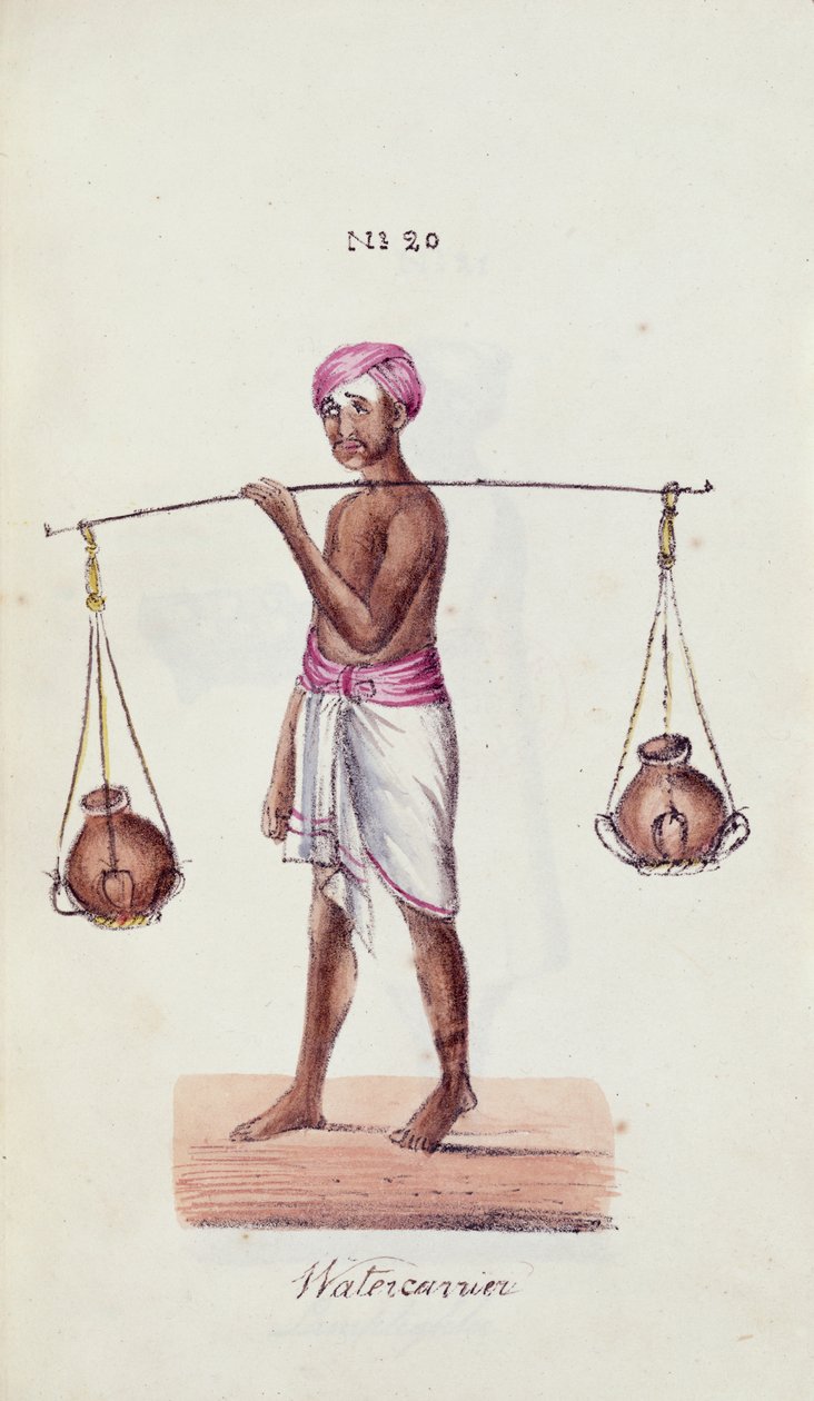 Watercarrier, från "A Digest of the different Castes of India", av Venkata Ramasvani, publicerade Madras av Indian School
