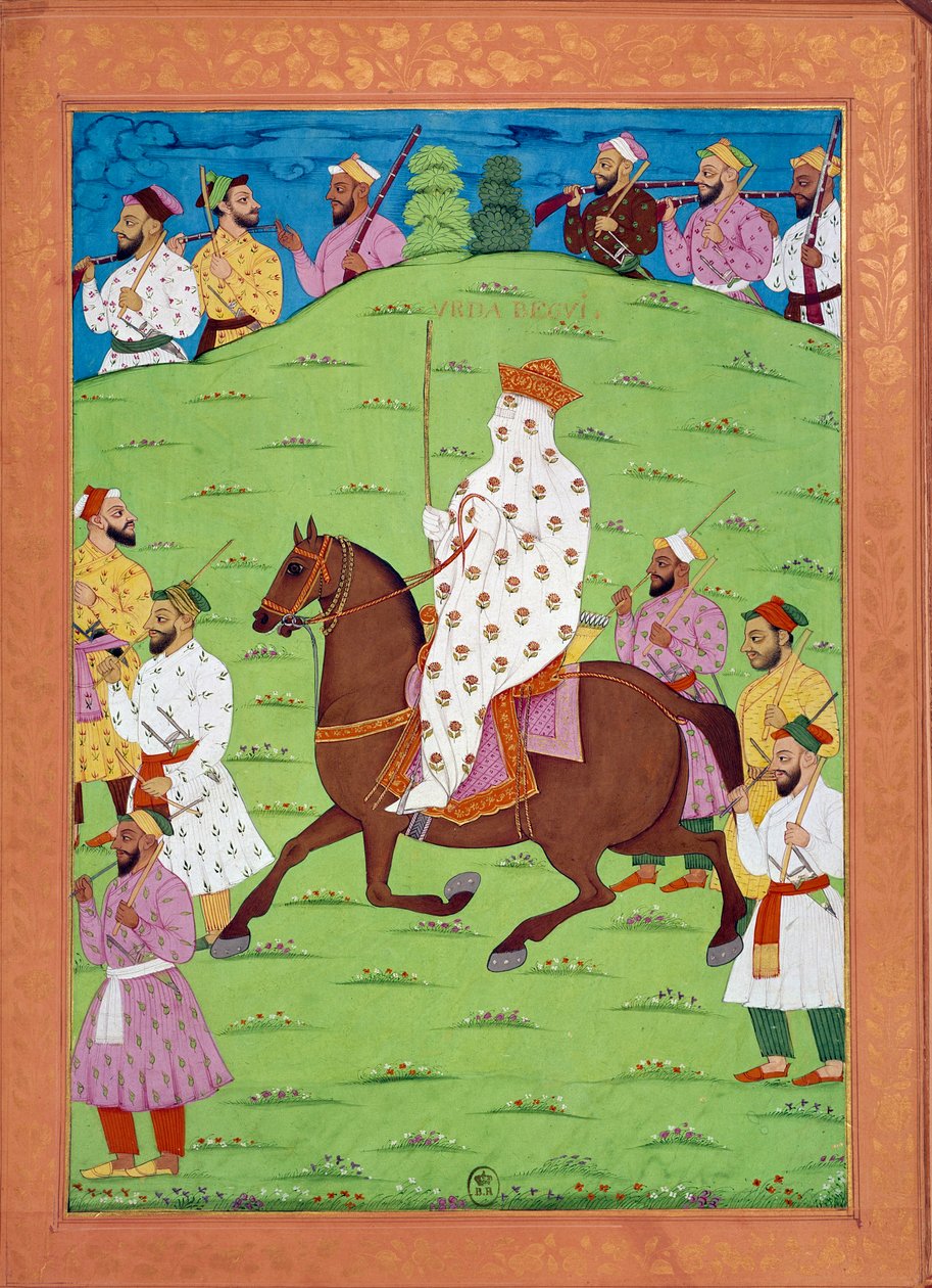 Kvinna i drottningens tjänst som reser till Shah Alems hov Indiska och persiska miniatyrer i "History of India from Tamertante to Orangreyb"" av Niccolo Manucci (1638-1717). B.N., Paris. av Indian School