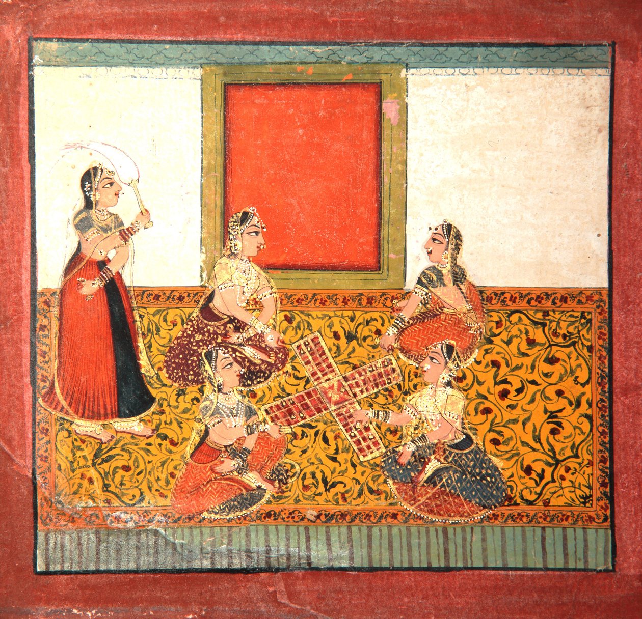 Kvinnor som spelar Parcheesi, sittande på ett gulmönstrat golvuppslag, ca 1725 (ogenomskinlig wc & guld på papper) av Indian School