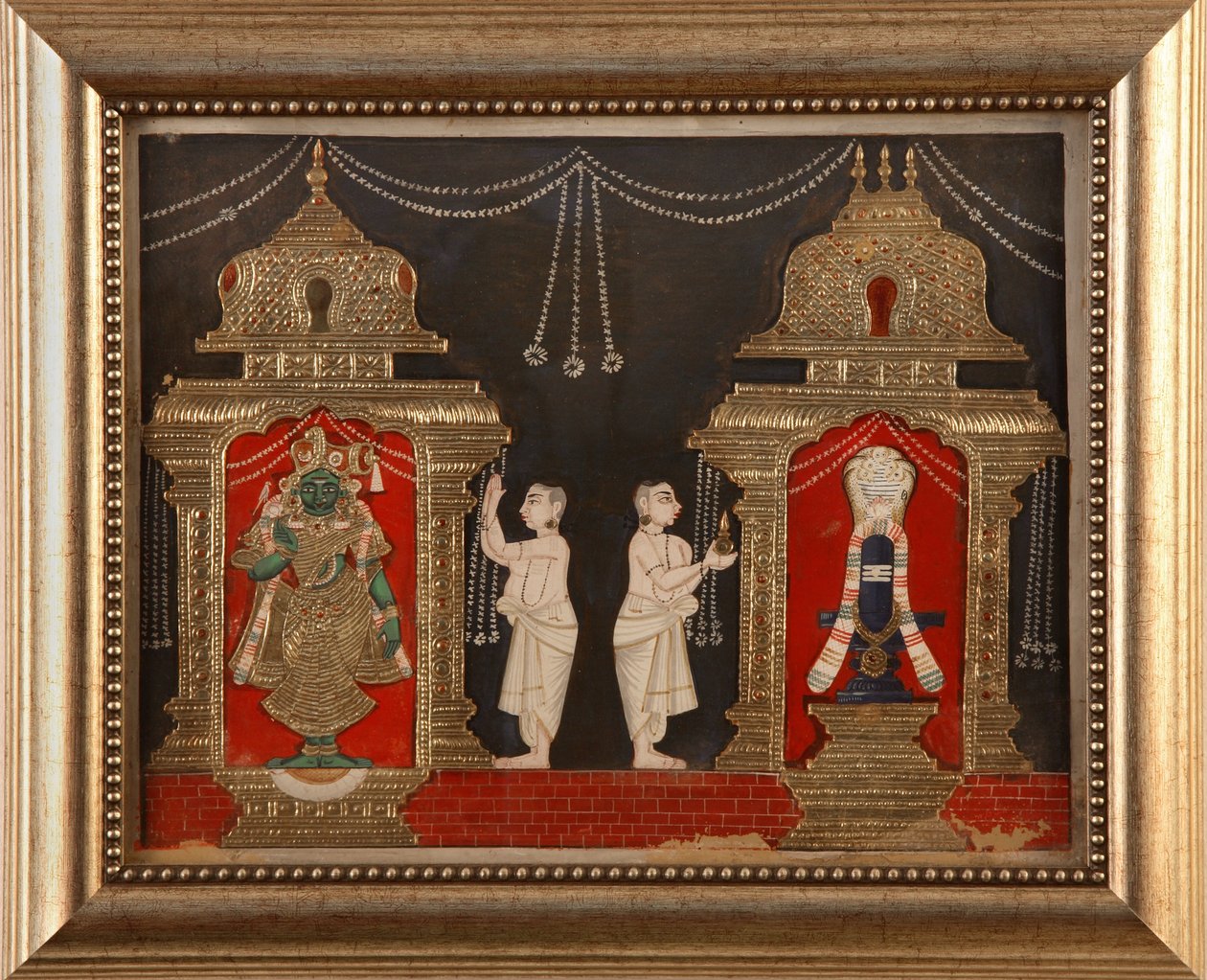 Tillbedjan av Visnhu och Shiva i form av Shivalingam, Tanjavore School, sent 1800-tal (wc & guld på papper) av Indian School