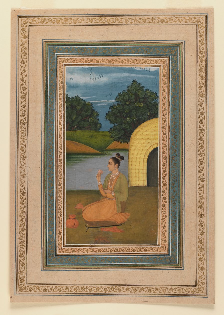 Yogini i ett landskap, ca 1760 (wc på papper) (recto of 375848) av Indian School