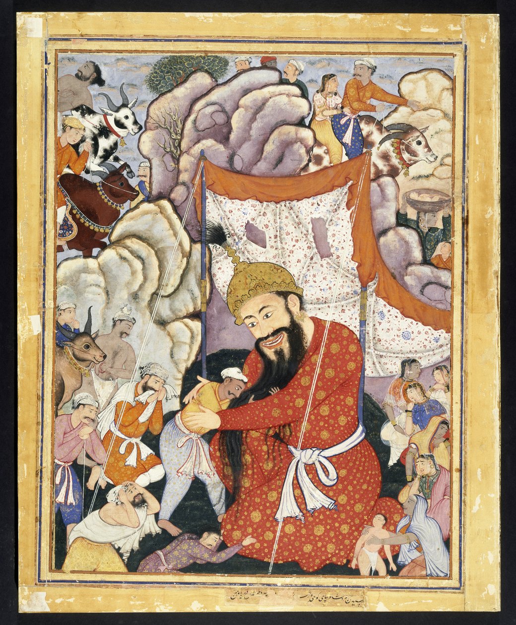 Zumurrud Shah tar sin tillflykt i bergen, ca. 1570 (ogenomskinlig akvarell och guld på bomullstyg) av Indian School