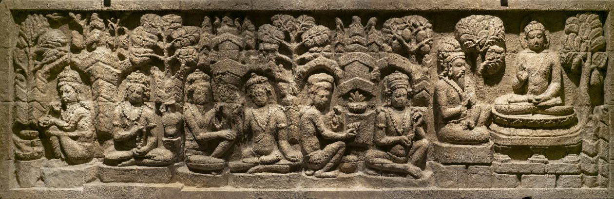 Arada Kalama levererar sin undervisning till den framtida Buddha. Indonesien, Java, Boroduru. Slutet av 1800-talet av Indonesian School