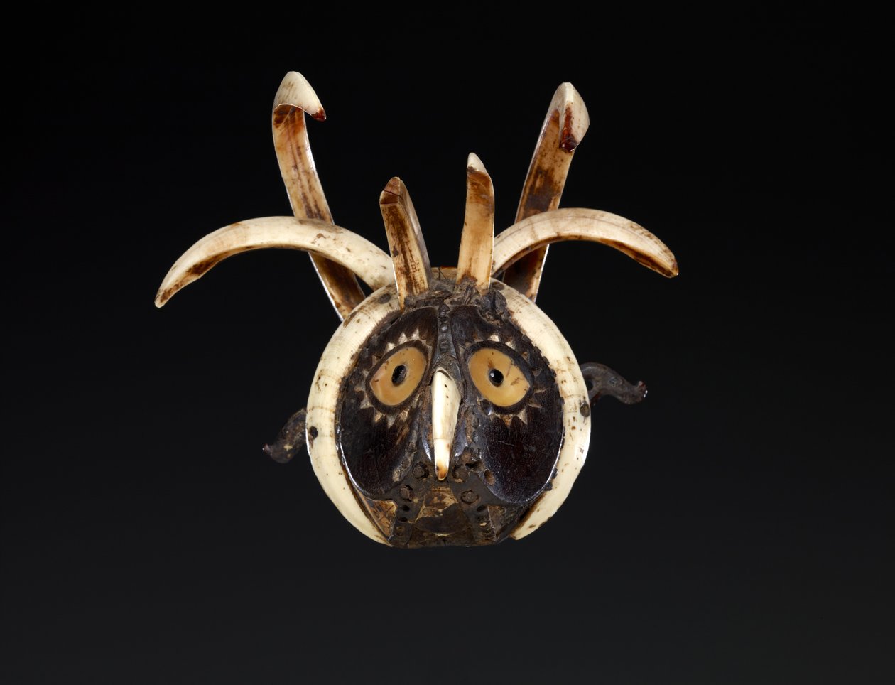 Munmask som troligen föreställer huvudet på en tupp (trä, vildsvinsbetar, musselskal, pärlemor, buffelhorn, hartsartat material och pigment) av Indonesian School