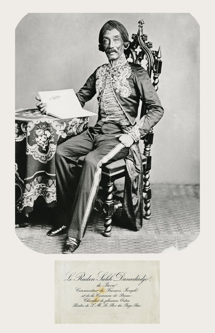 Porträtt av Raden Saleh och hans visitkort, ca 1850-70 (bw foto och gravyr) av Indonesian School