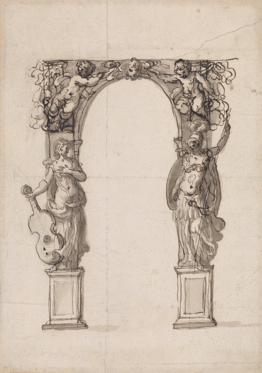 Design för en tillfällig båge prydd med Putti och allegoriska figurer av musik och krig av Inigo Jones