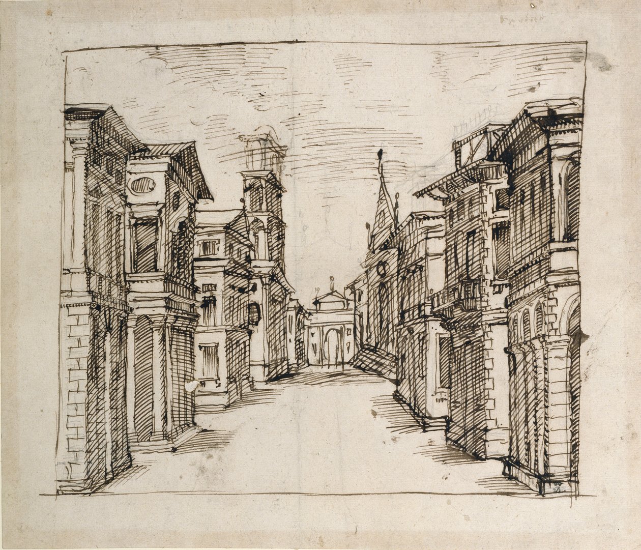 En gata i perspektiv, ca 1617 (penna och bläck på papper) av Inigo Jones