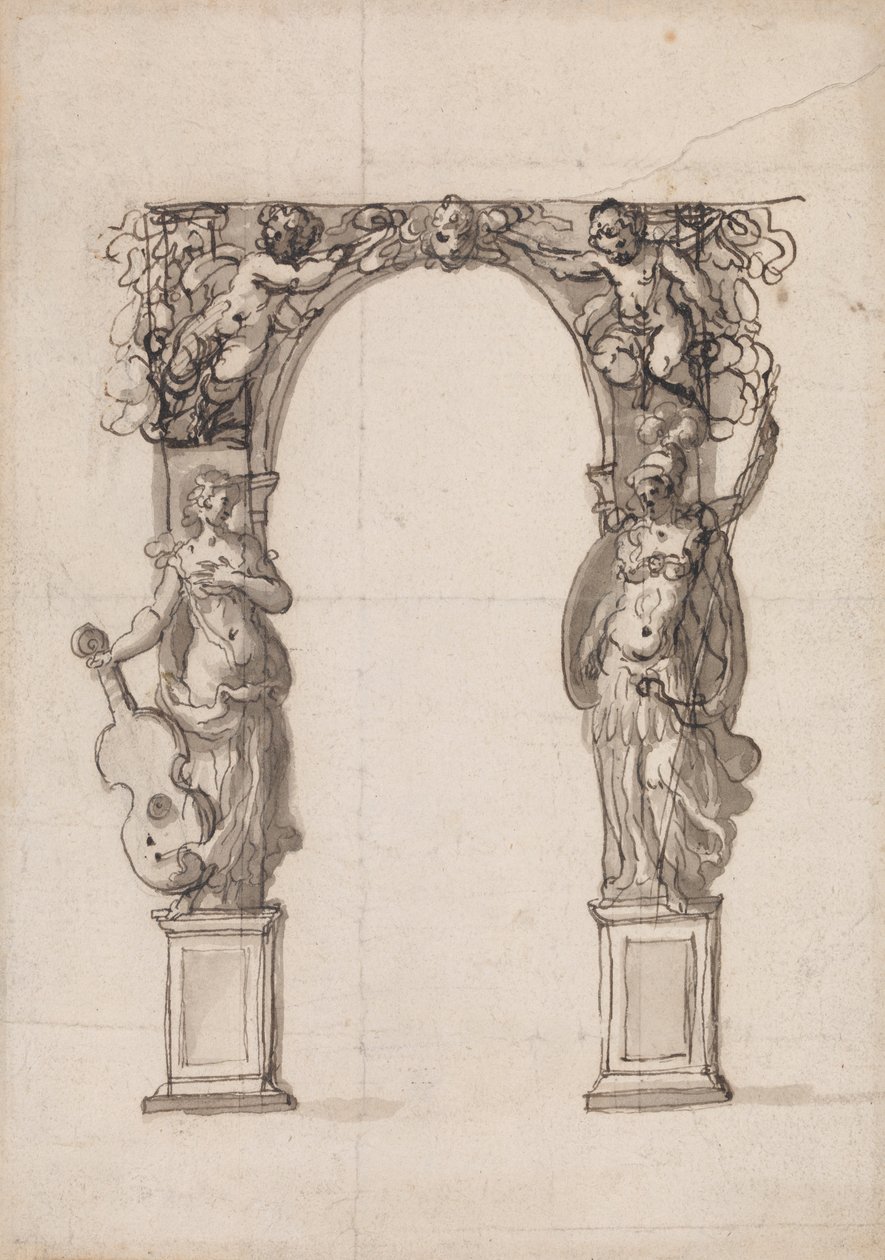 Design för en tillfällig båge prydd med Putti och allegoriska figurer av musik och krig av Inigo Jones