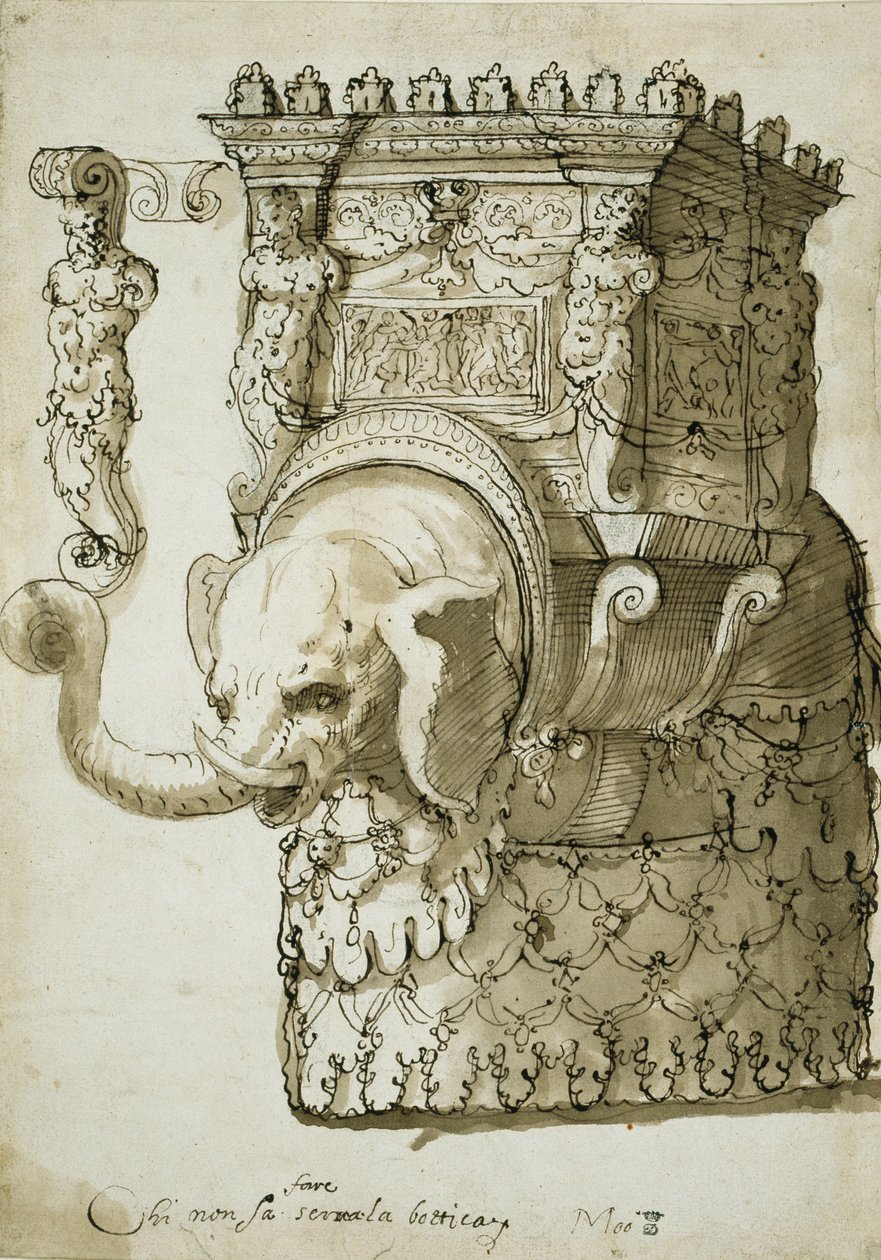 Design för en elefanttävling (penna och bläck på papper) av Inigo Jones