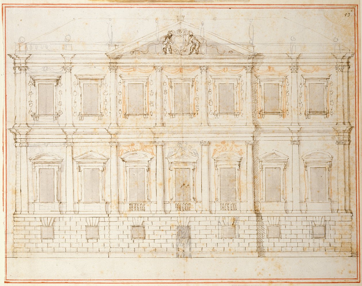 Upphöjning av den näst sista designen för Banqueting House, Whitehall, c.1619 (penna och bläck på papper) av Inigo Jones