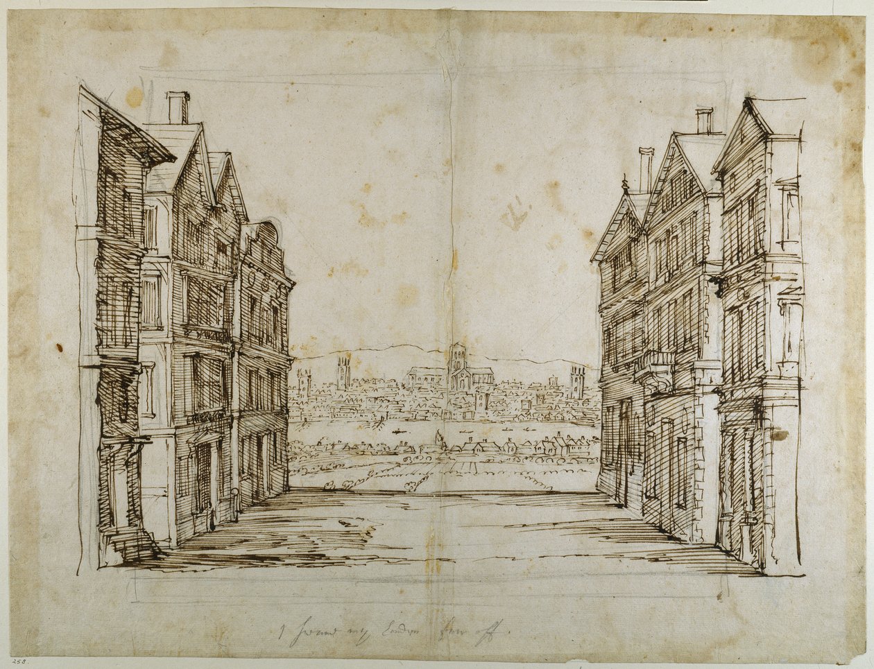 Engelska hus med London och Themsen långt borta (penna och bläck på papper) av Inigo Jones