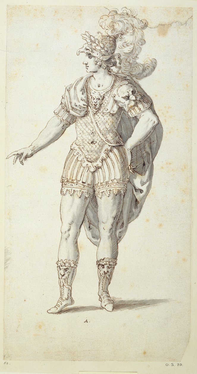 Slutlig design för Oberons klänning, c.1611 (penna och bläck på papper) av Inigo Jones
