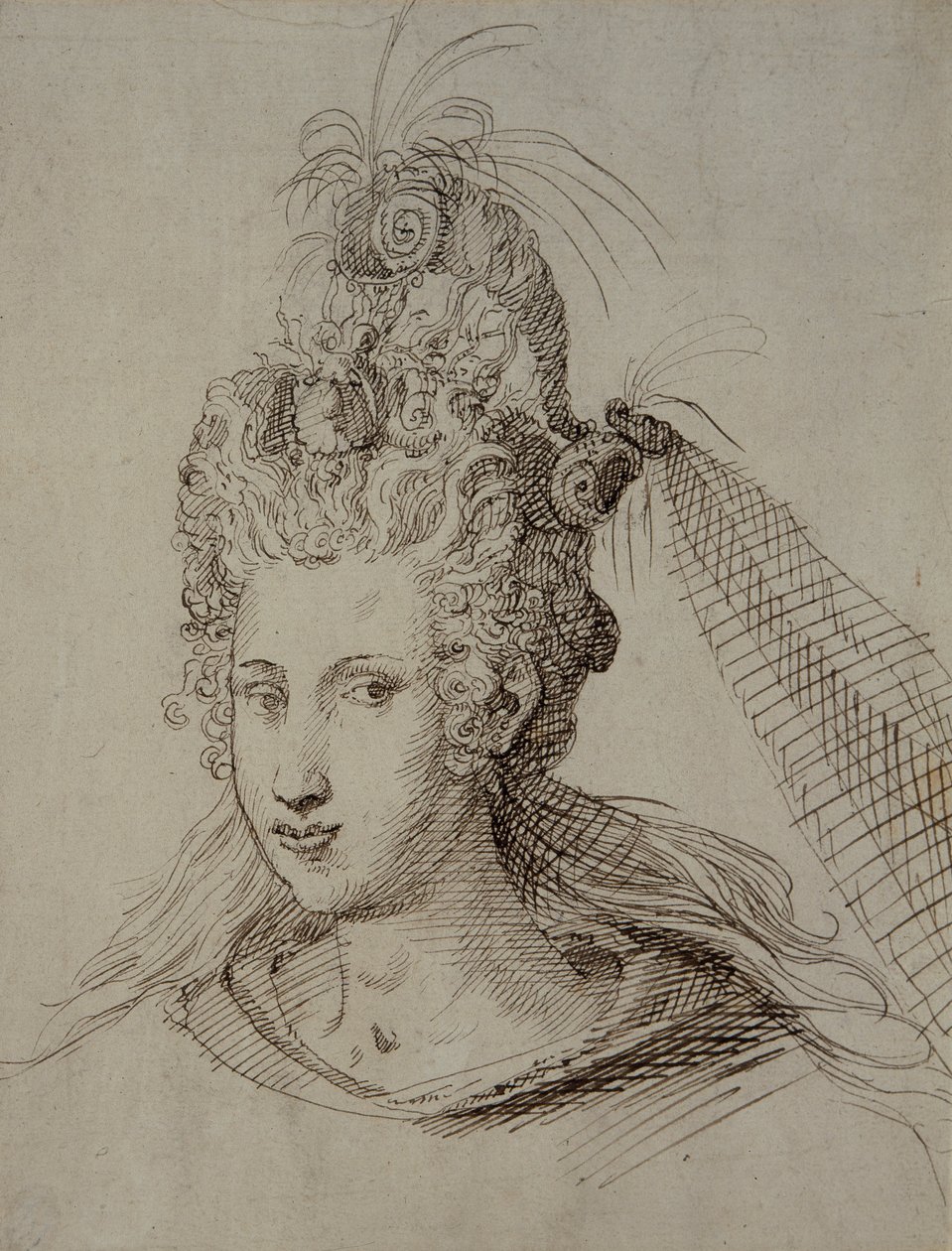 Huvudbonad, förmodligen för Anne av Danmark (penna och bläck på papper) av Inigo Jones